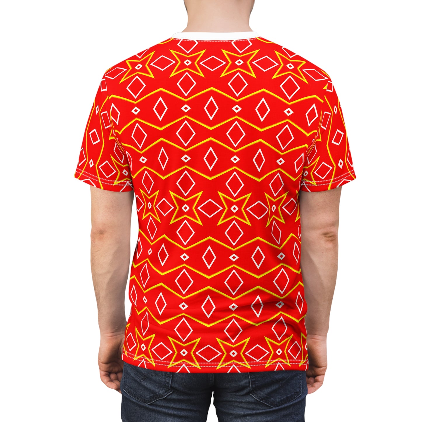 Bright Ember Geometry Tee, Eye-Catching Tribal Vibes, Bold Red & Yellow Diamond Print, Aztec-Inspired Festival Shirt