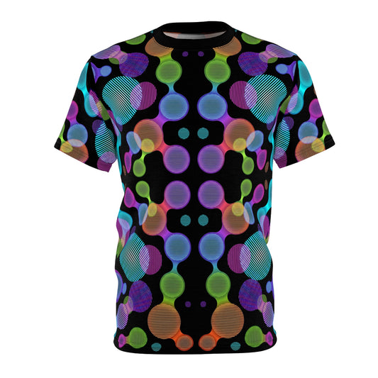 Kinetic Moiré Orb Mandala AOP T-Shirt - Neon Op-Art Sacred Geometry Pattern, Psychedelic Festival Rave Streetwear